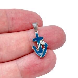 Estate Sterling Silver 925 Blue Enamel Anchor Pendant